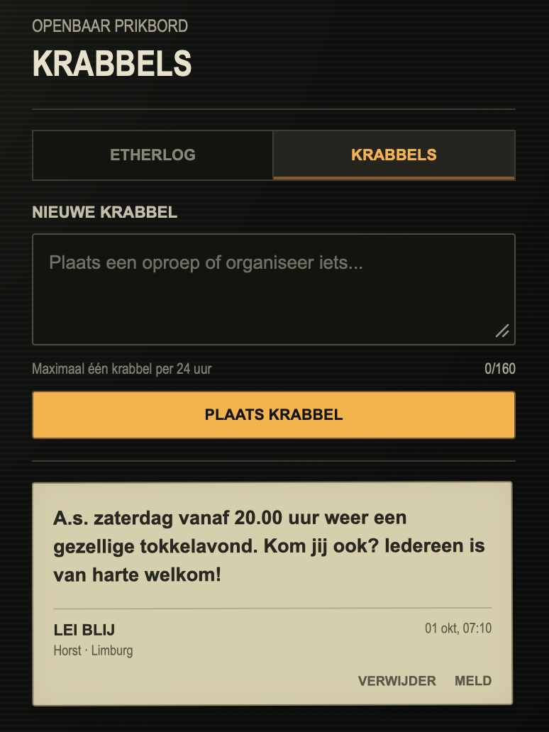 Het openbare Krabbels-prikbord in de Wazel-app met een oproep voor een tokkelavond