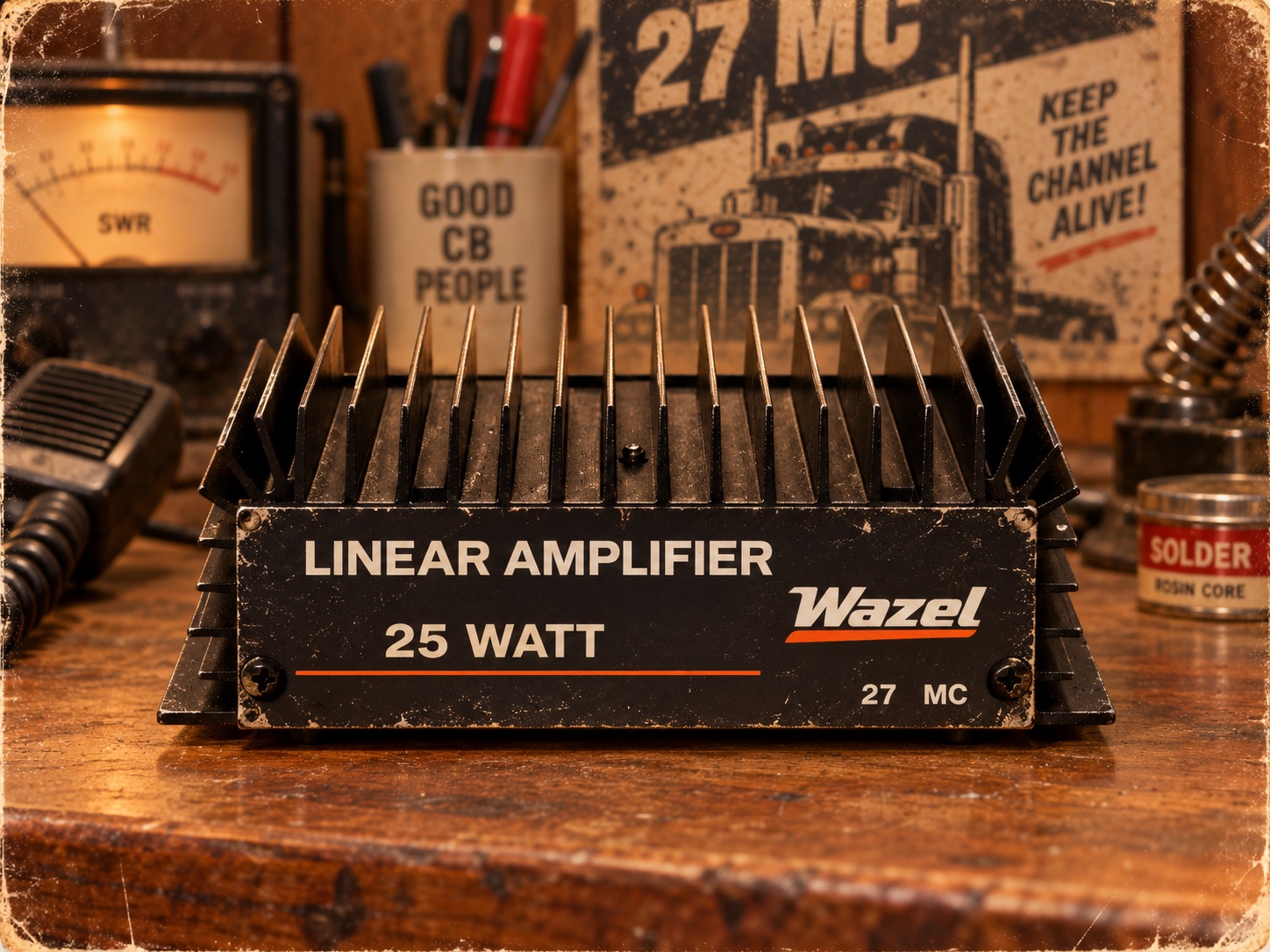 Nostalgische Wazel Linear 25 watt-versterker op een klassieke 27 MC-werkbank